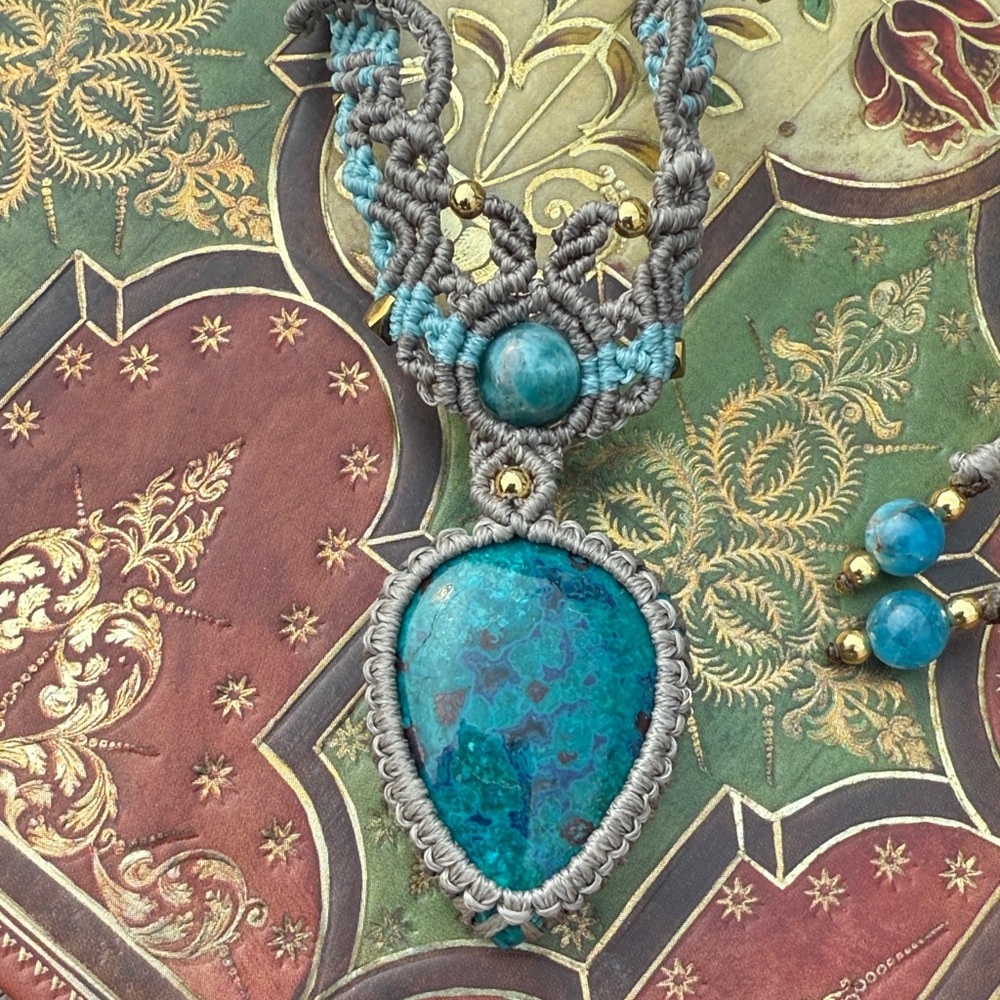 The Goddess Chrysocolla Peruvian Macrame Adjustable Handcrafted Necklace - Picture 3 of 7